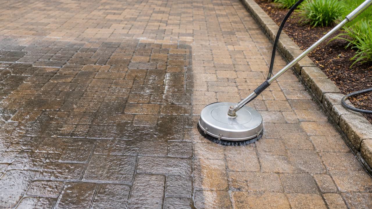 Pavers being cleaned before sealing